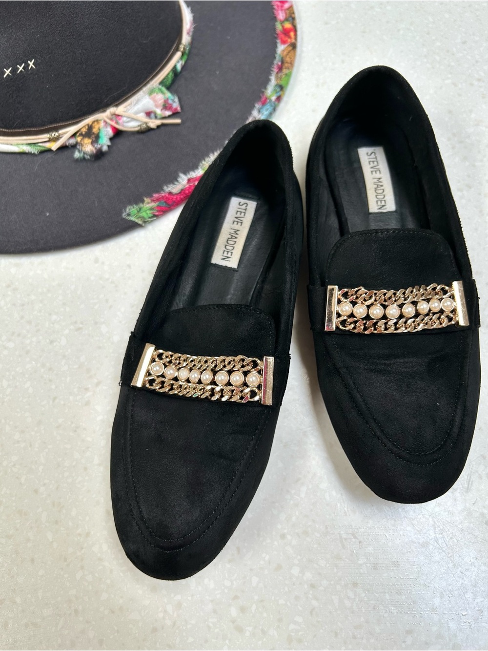Steve Madden Black Suede Loafers with Pearl & Gold Chain retro midcentury vibe